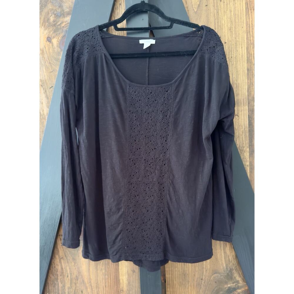 Caslon Lace Inset Long Sleeve Black Cotton Blend Top Size XL